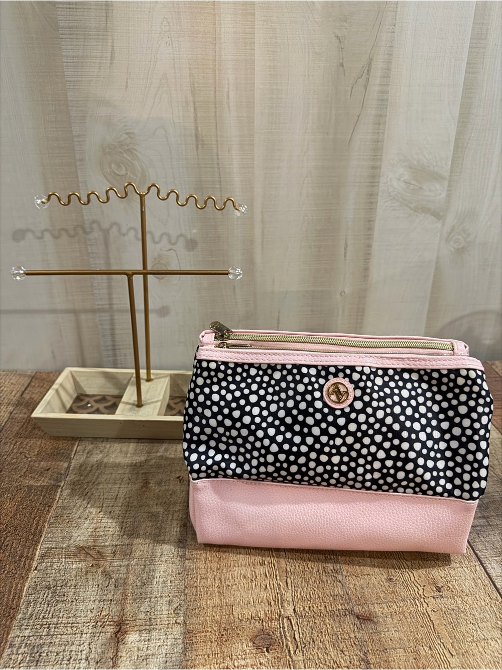 Bundle: Jewelry Tree & Pink & Black Polka Dot Cosmetic Bag